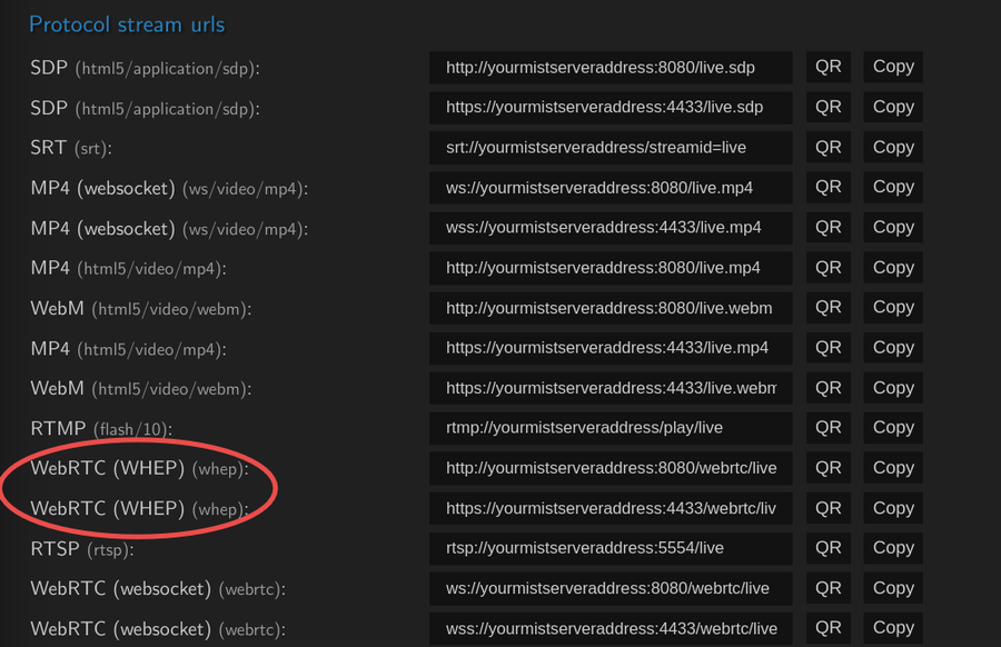 WHEP output within the MistServer embed panel